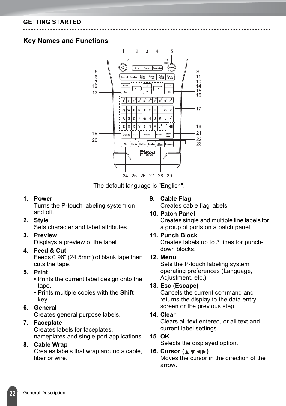 Key names and functions | Brother PT-E500 User Manual | Page 22 / 47
