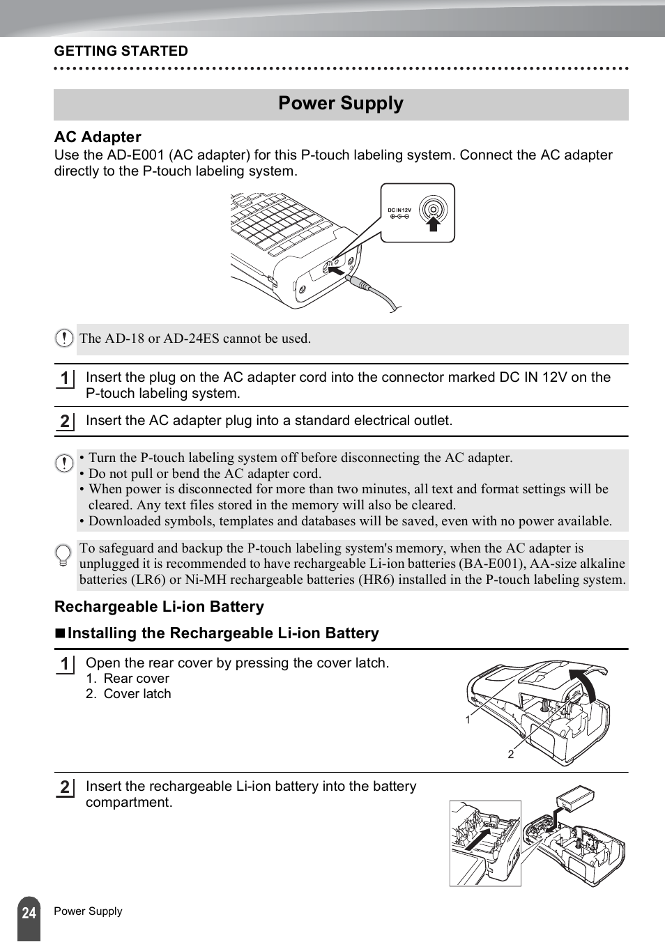 Power supply, Ac adapter, Rechargeable li-ion battery | Ac adapter rechargeable li-ion battery | Brother PT-E500 User Manual | Page 24 / 47