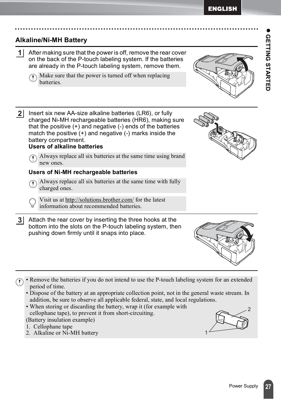 Alkaline/ni-mh battery | Brother PT-E500 User Manual | Page 27 / 47