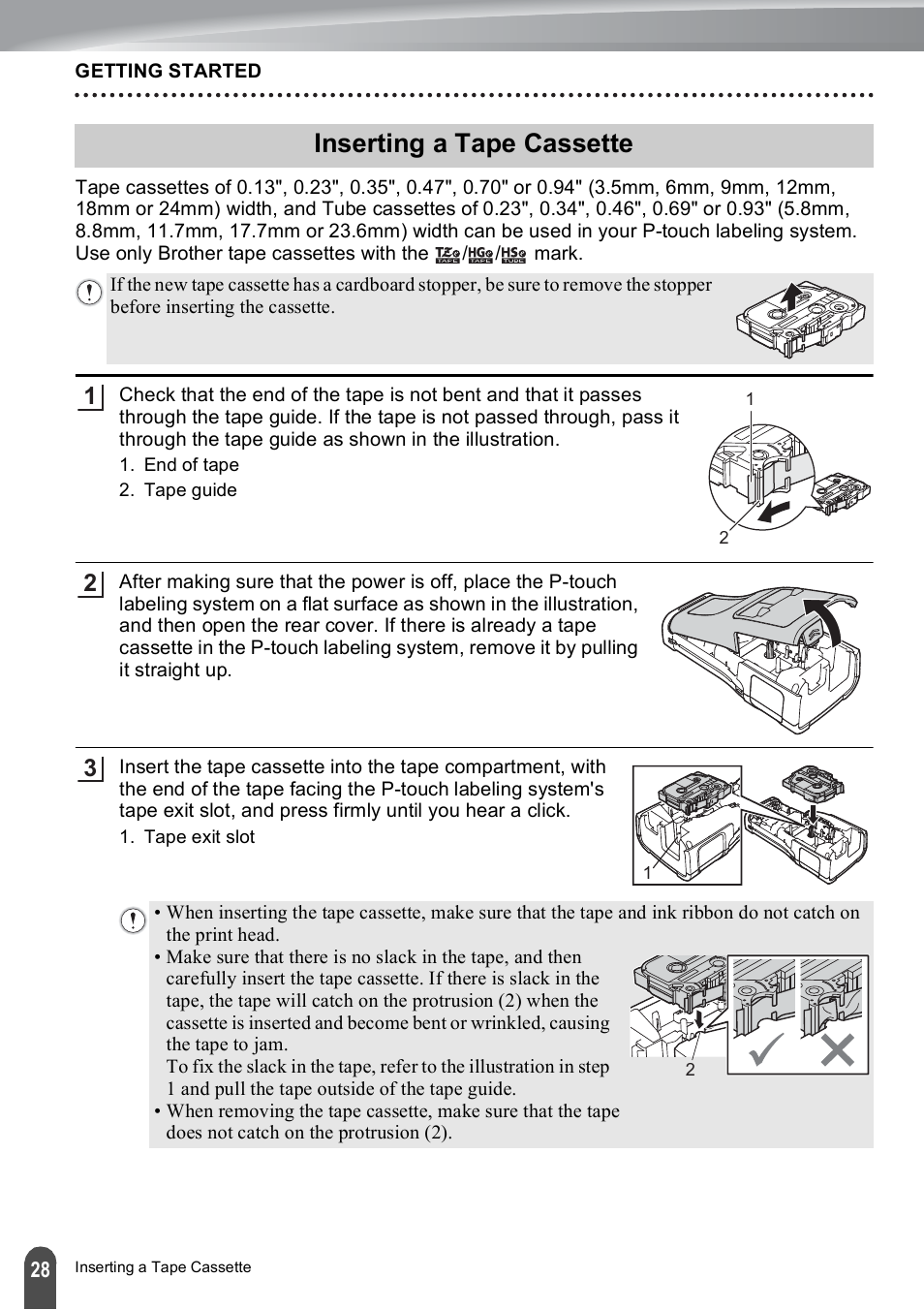 Inserting a tape cassette | Brother PT-E500 User Manual | Page 28 / 47