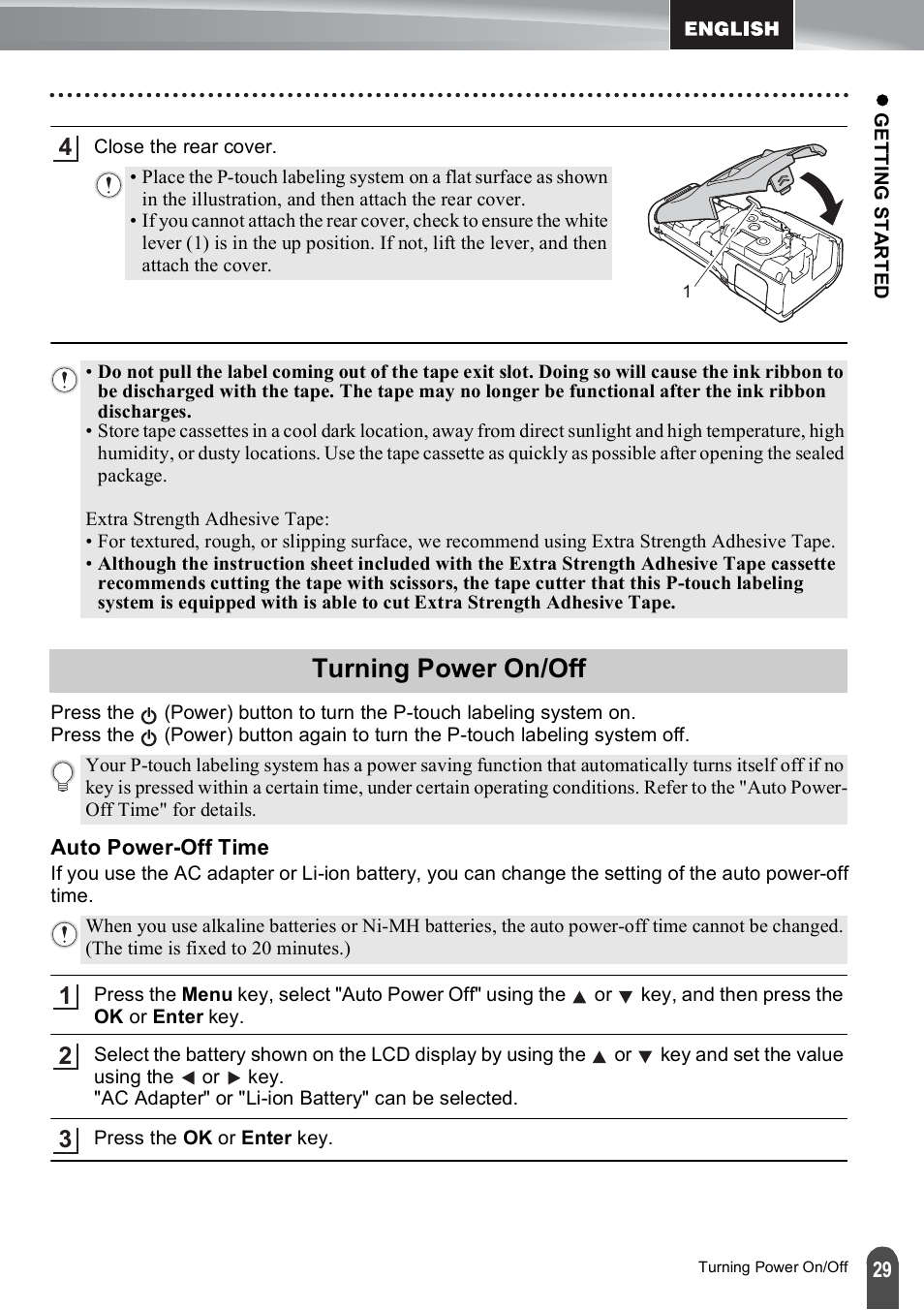 Turning power on/off, Auto power-off time | Brother PT-E500 User Manual | Page 29 / 47