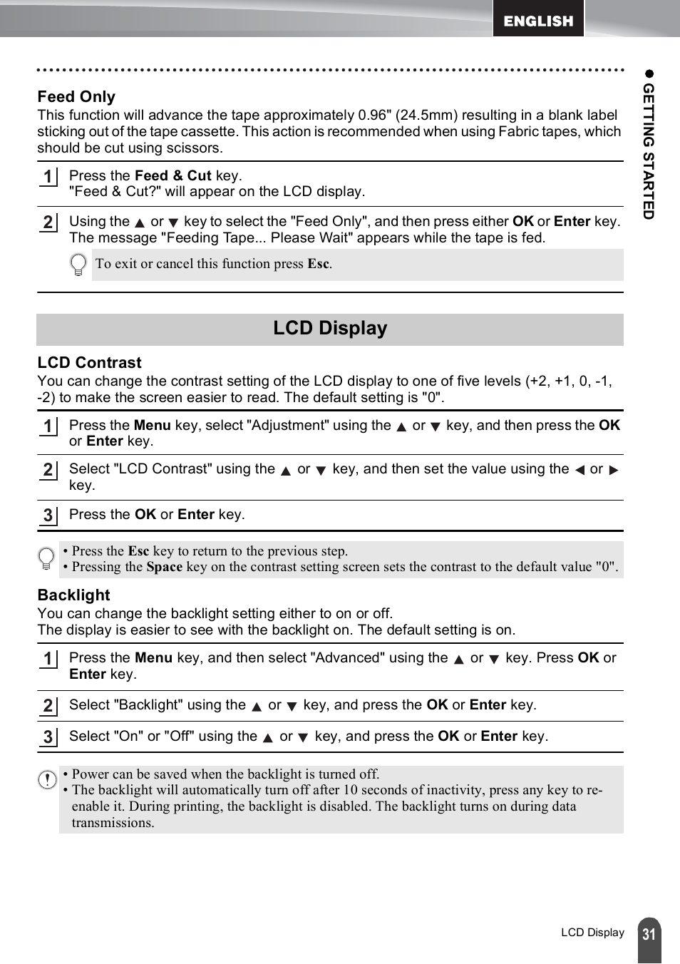 Feed only, Lcd display, Lcd contrast | Backlight | Brother PT-E500 User Manual | Page 31 / 47