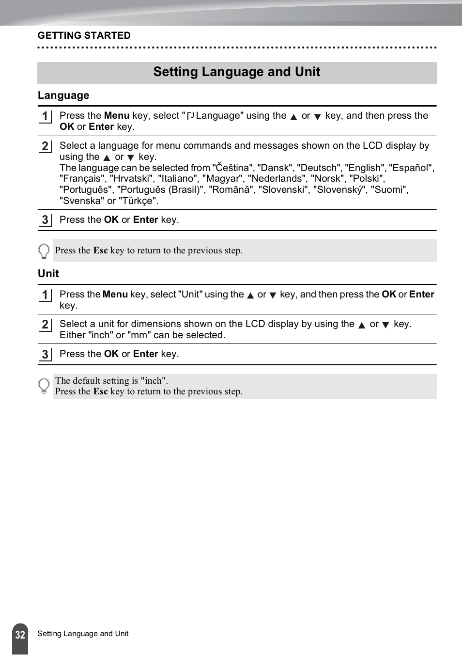 Setting language and unit, Language, Unit | Brother PT-E500 User Manual | Page 32 / 47
