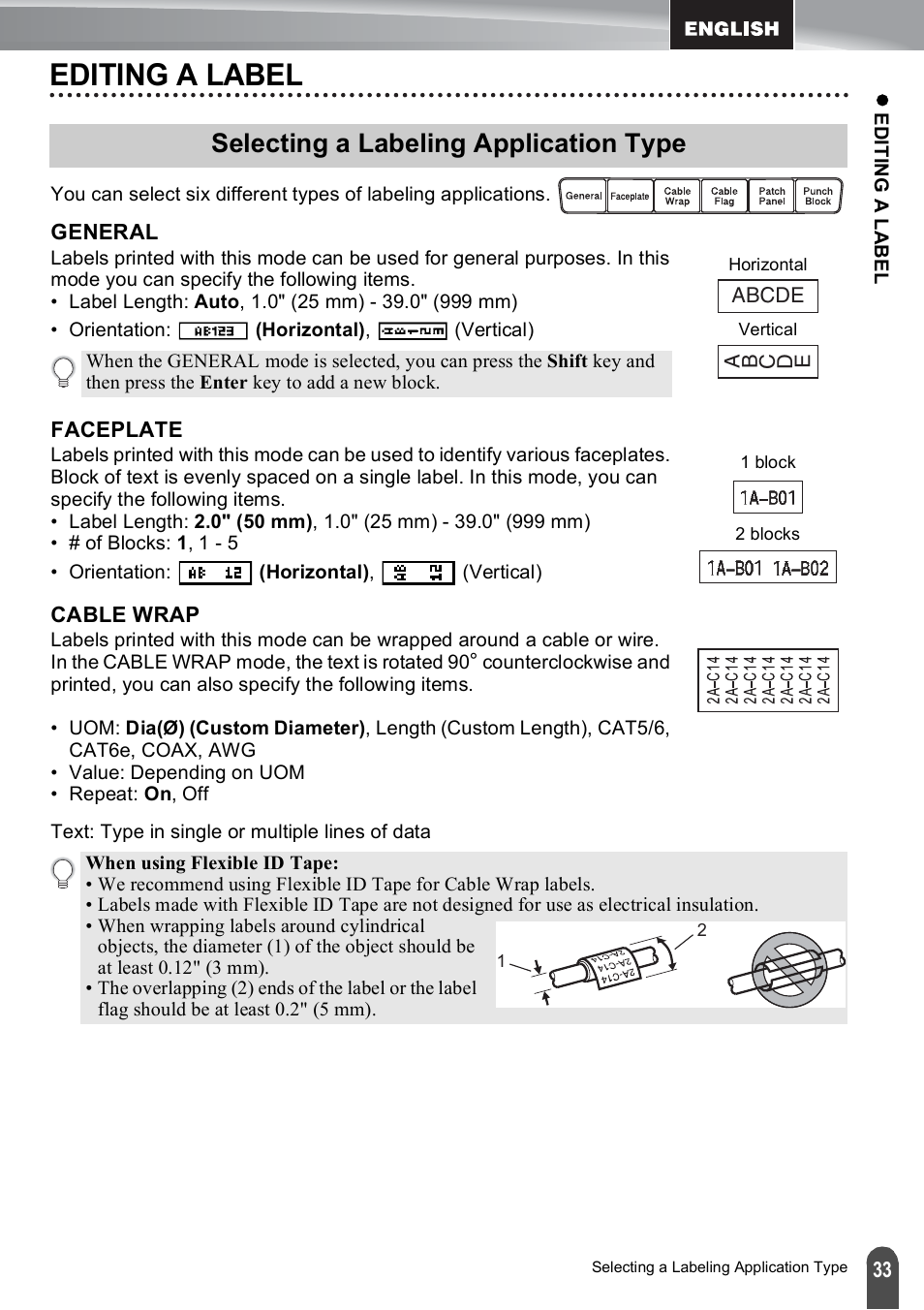 Editing a label, Selecting a labeling application type, General | Faceplate, Cable wrap, General faceplate | Brother PT-E500 User Manual | Page 33 / 47