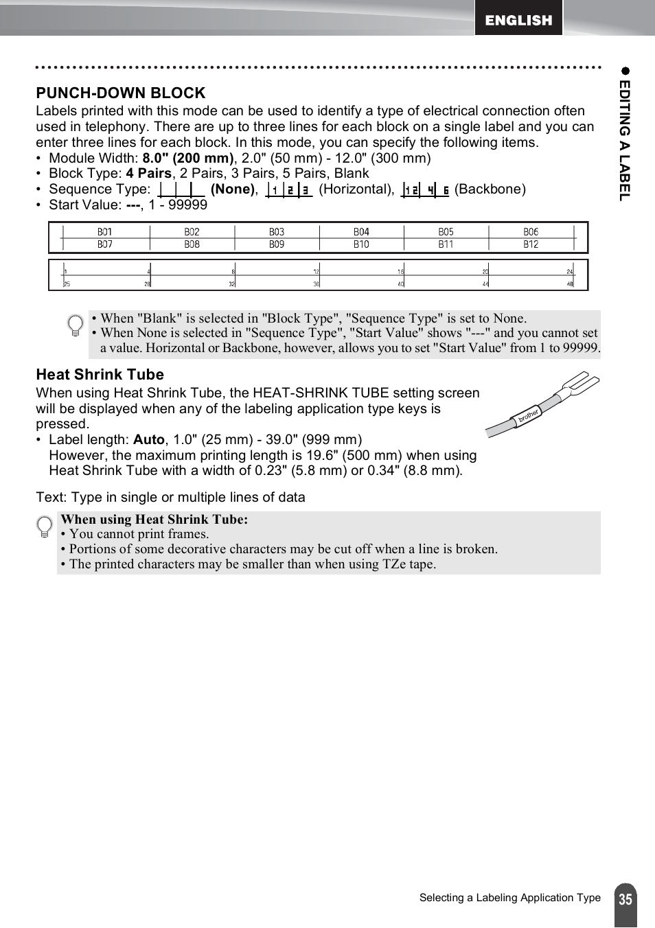 Punch-down block, Heat shrink tube, Punch-down block heat shrink tube | Brother PT-E500 User Manual | Page 35 / 47