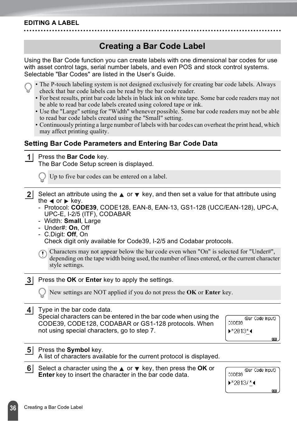 Creating a bar code label | Brother PT-E500 User Manual | Page 36 / 47