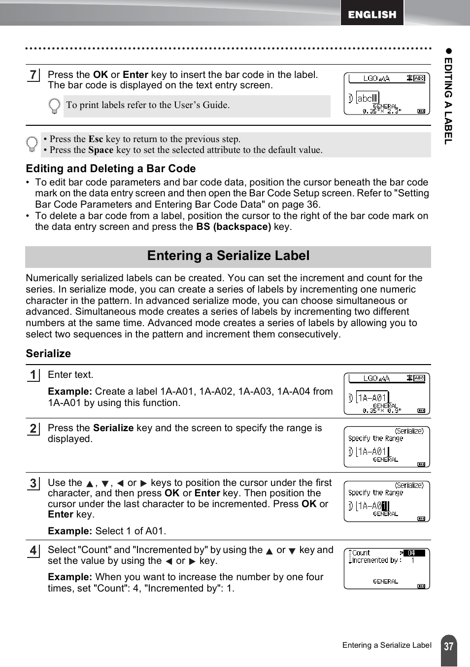 Editing and deleting a bar code, Entering a serialize label, Serialize | Brother PT-E500 User Manual | Page 37 / 47