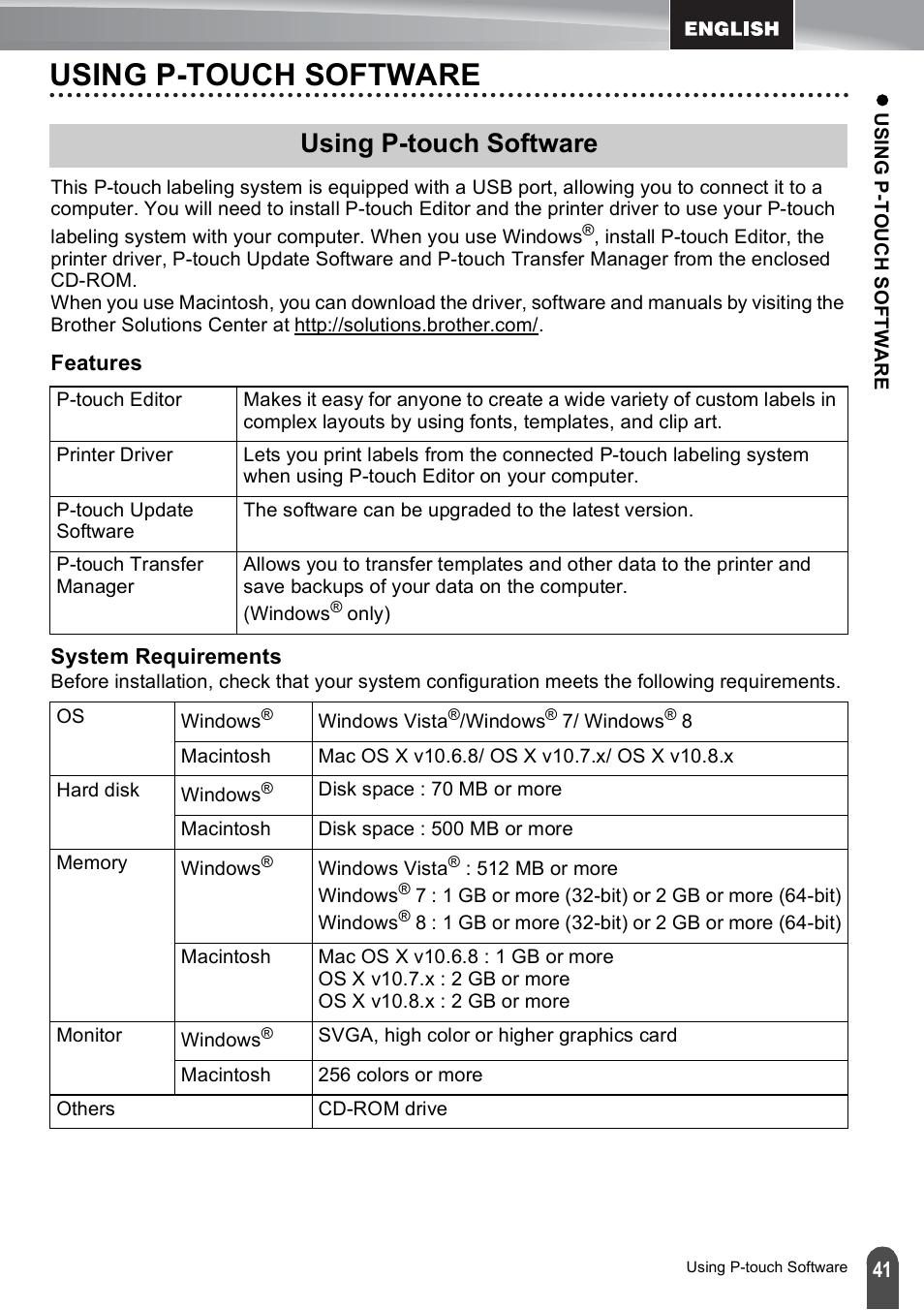 Using p-touch software, Features, System requirements | Features system requirements | Brother PT-E500 User Manual | Page 41 / 47