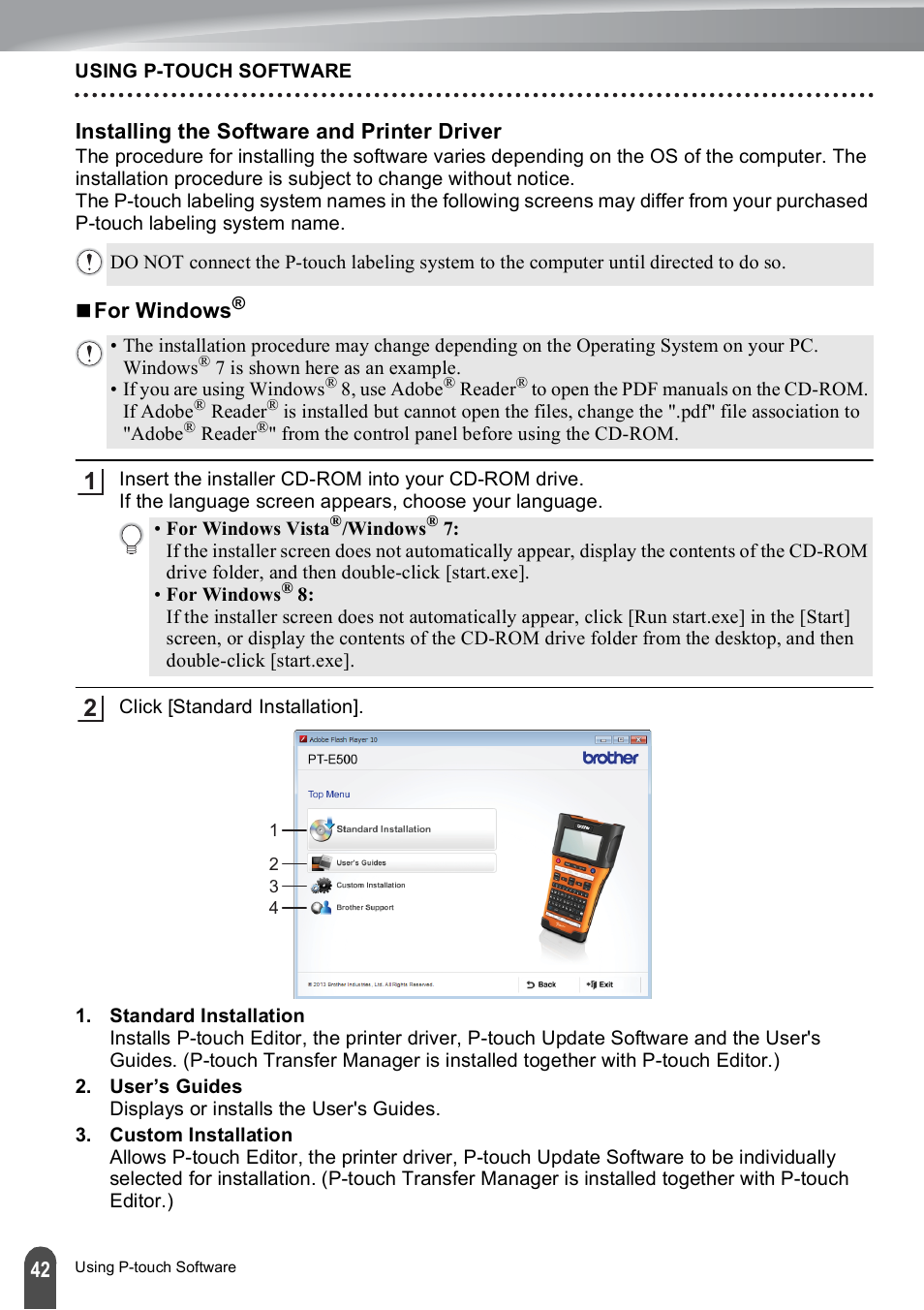 Installing the software and printer driver | Brother PT-E500 User Manual | Page 42 / 47