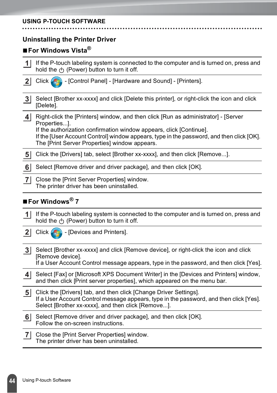 Uninstalling the printer driver | Brother PT-E500 User Manual | Page 44 / 47