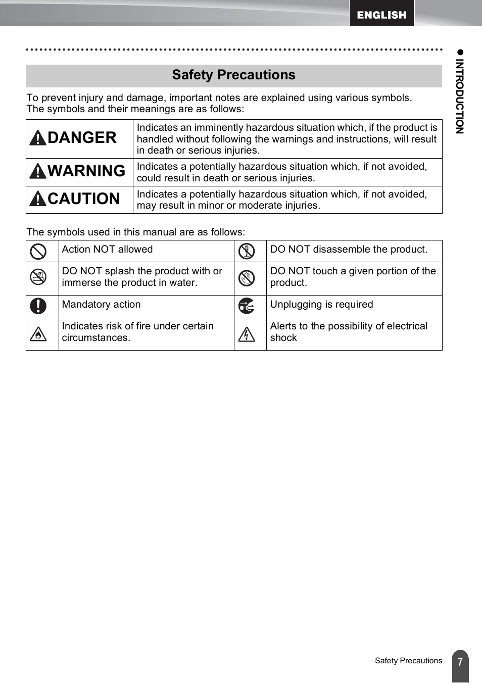 Safety precautions, Danger, Warning | Caution | Brother PT-E500 User Manual | Page 7 / 47