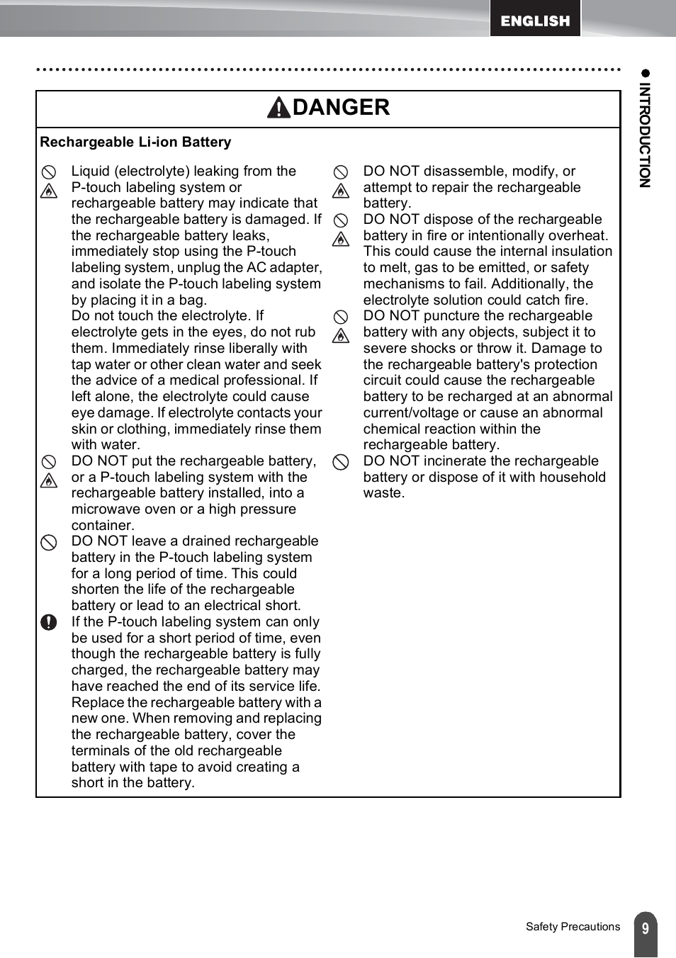 Danger | Brother PT-E500 User Manual | Page 9 / 47