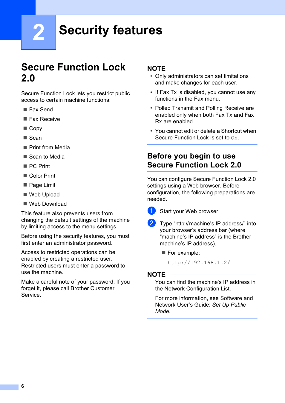 2 security features, Secure function lock 2.0, Before you begin to use secure function lock 2.0 | Security features | Brother MFC-J6920DW User Manual | Page 12 / 101