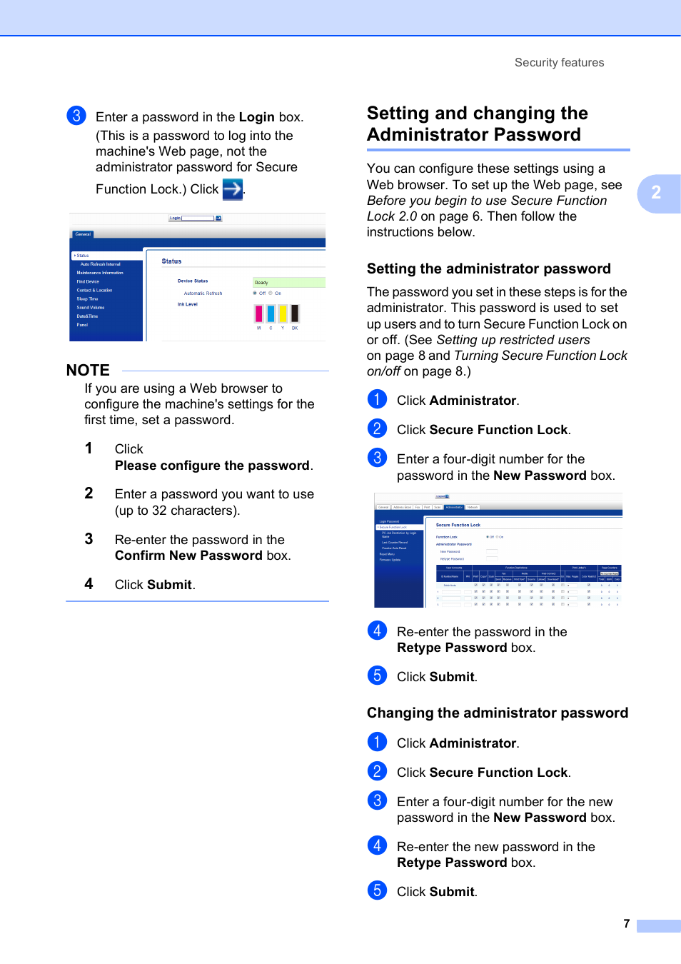 Setting and changing the administrator password, Setting the administrator password, Changing the administrator password | Brother MFC-J6920DW User Manual | Page 13 / 101