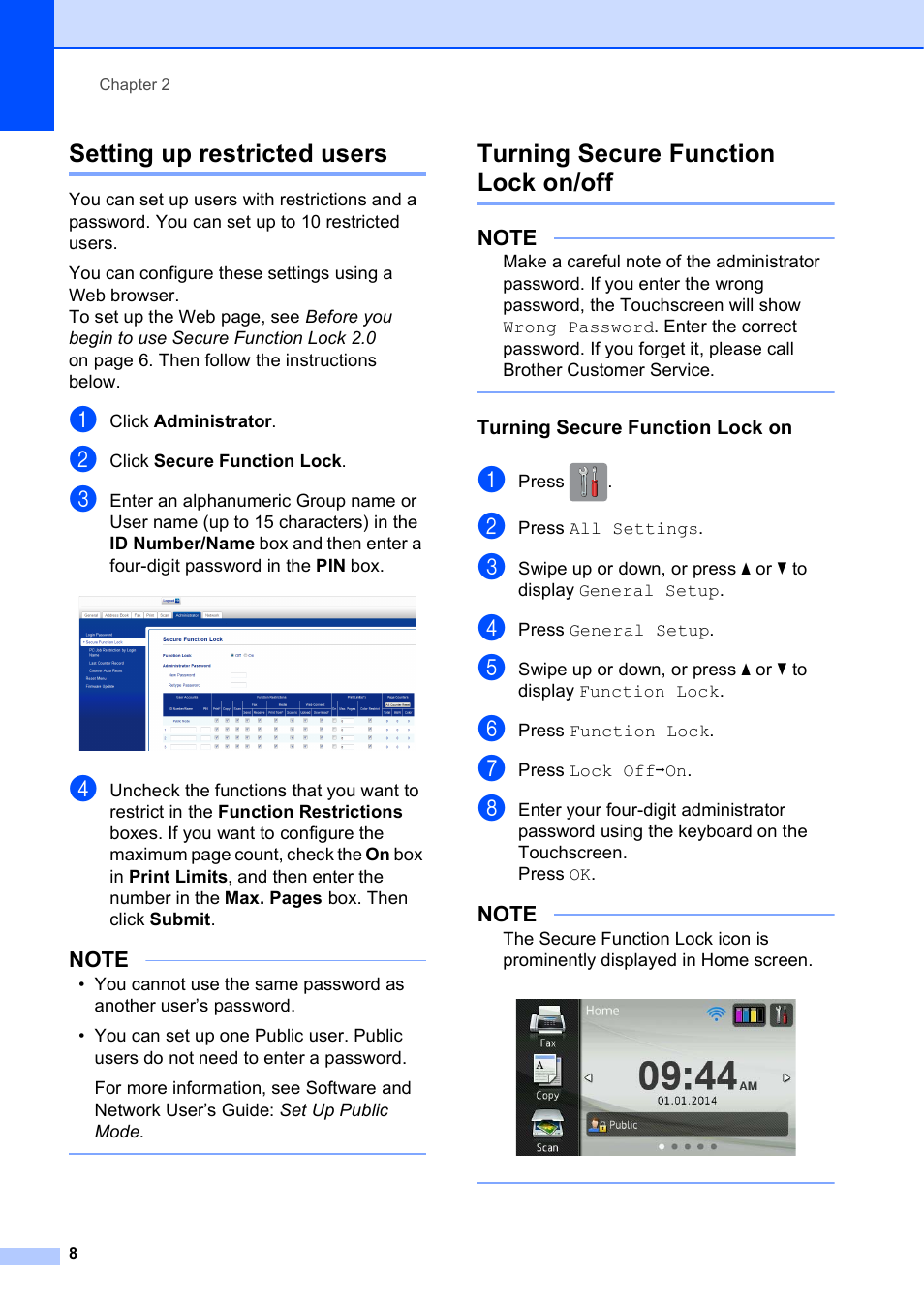 Setting up restricted users, Turning secure function lock on/off, Turning secure function lock on | Brother MFC-J6920DW User Manual | Page 14 / 101