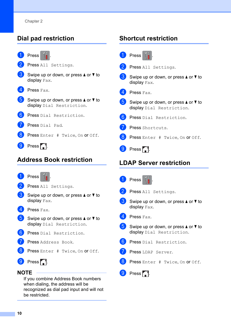 Dial pad restriction, Address book restriction, Shortcut restriction | Ldap server restriction | Brother MFC-J6920DW User Manual | Page 16 / 101