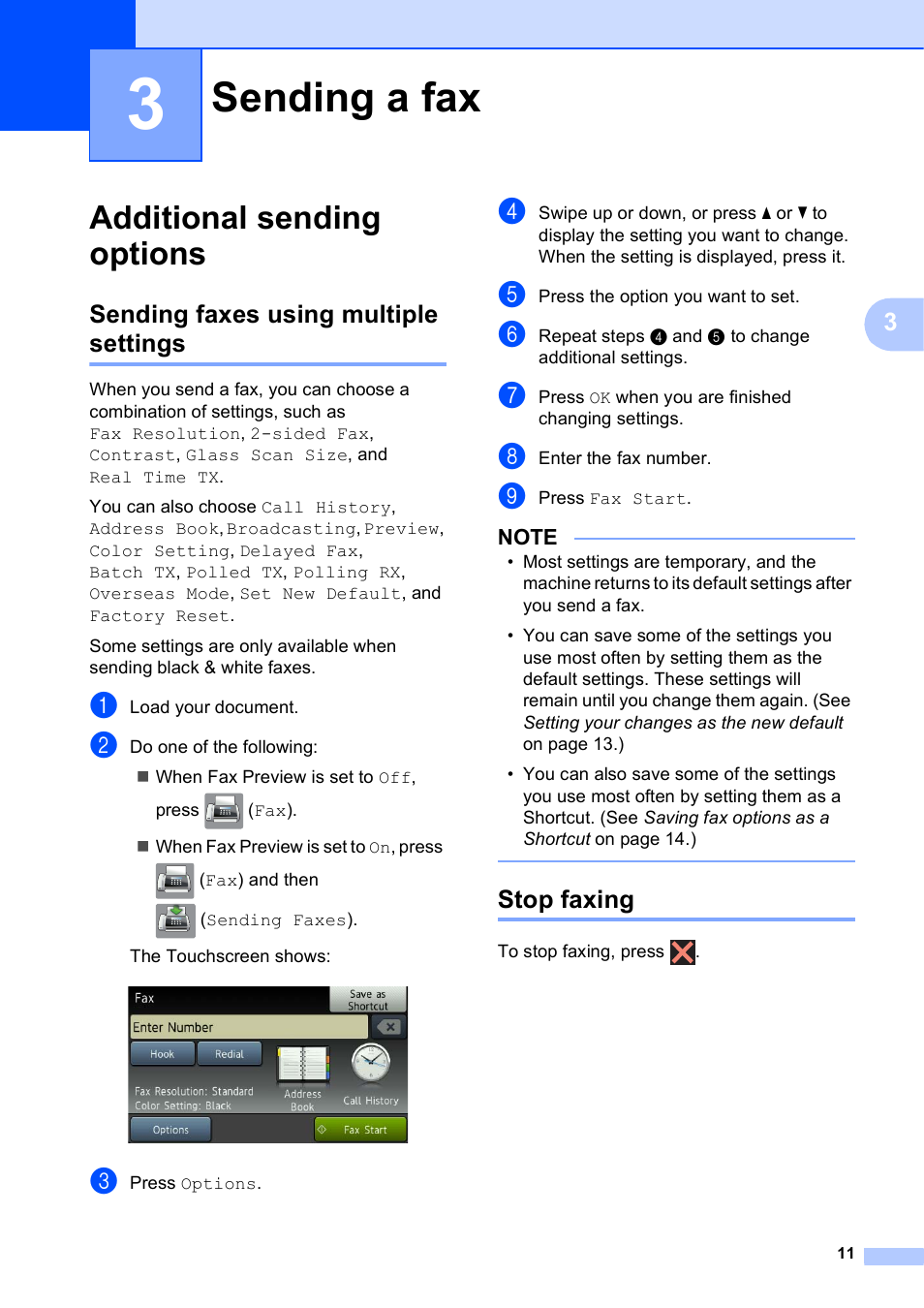 3 sending a fax, Additional sending options, Sending faxes using multiple settings | Stop faxing, Sending a fax, Sending faxes using multiple settings stop faxing | Brother MFC-J6920DW User Manual | Page 17 / 101