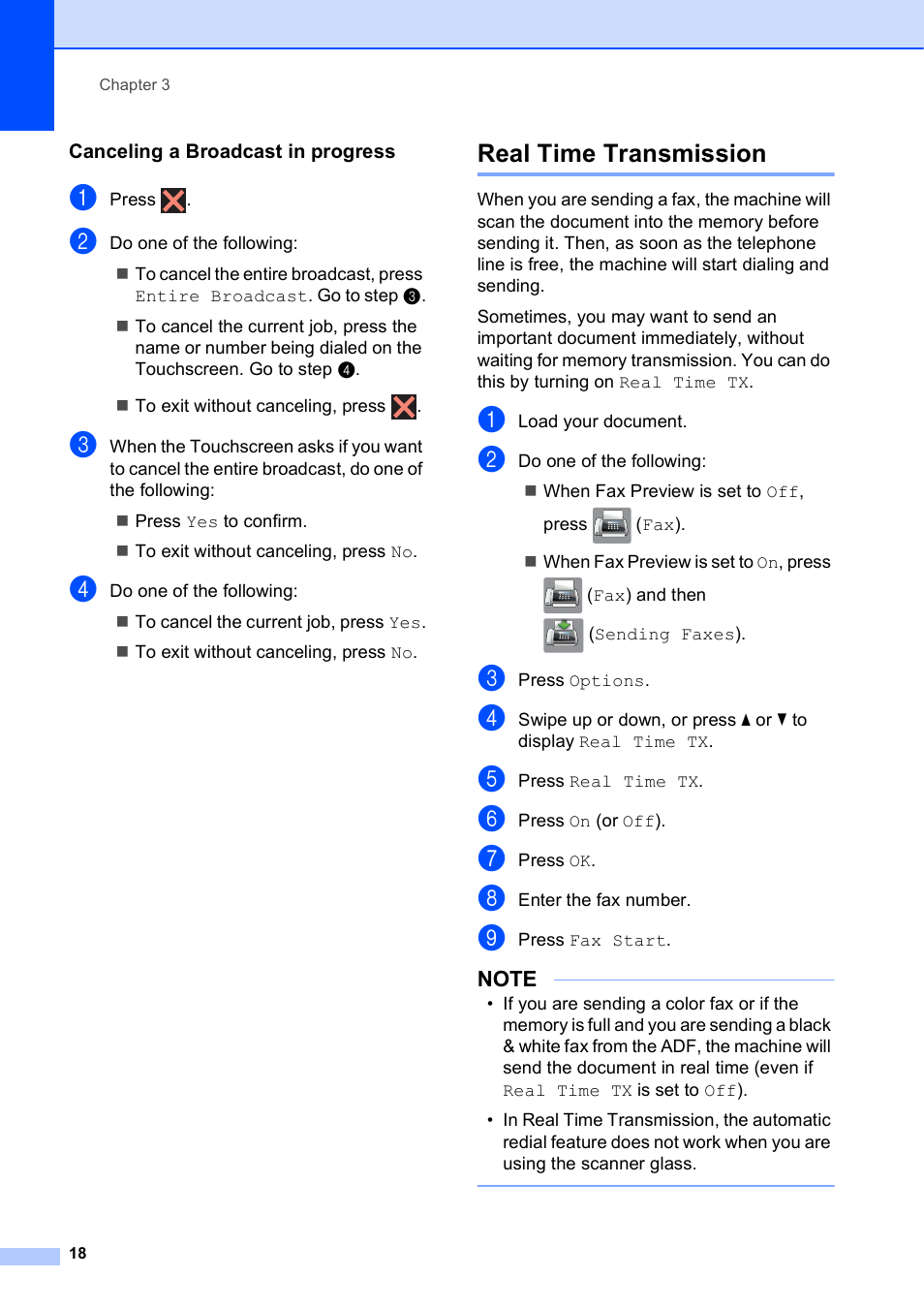 Canceling a broadcast in progress, Real time transmission | Brother MFC-J6920DW User Manual | Page 24 / 101