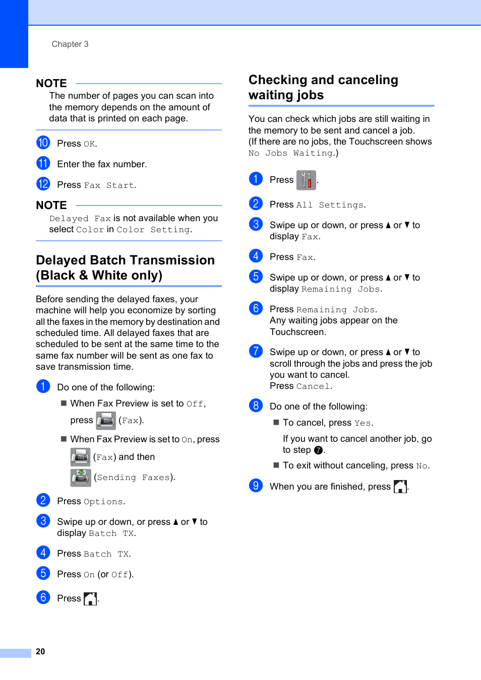 Delayed batch transmission (black & white only), Checking and canceling waiting jobs | Brother MFC-J6920DW User Manual | Page 26 / 101