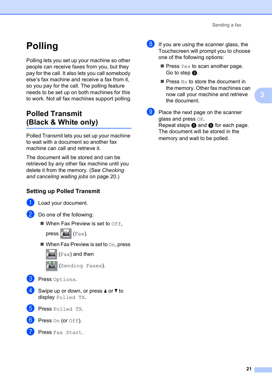 Polling, Polled transmit (black & white only), Setting up polled transmit | Brother MFC-J6920DW User Manual | Page 27 / 101