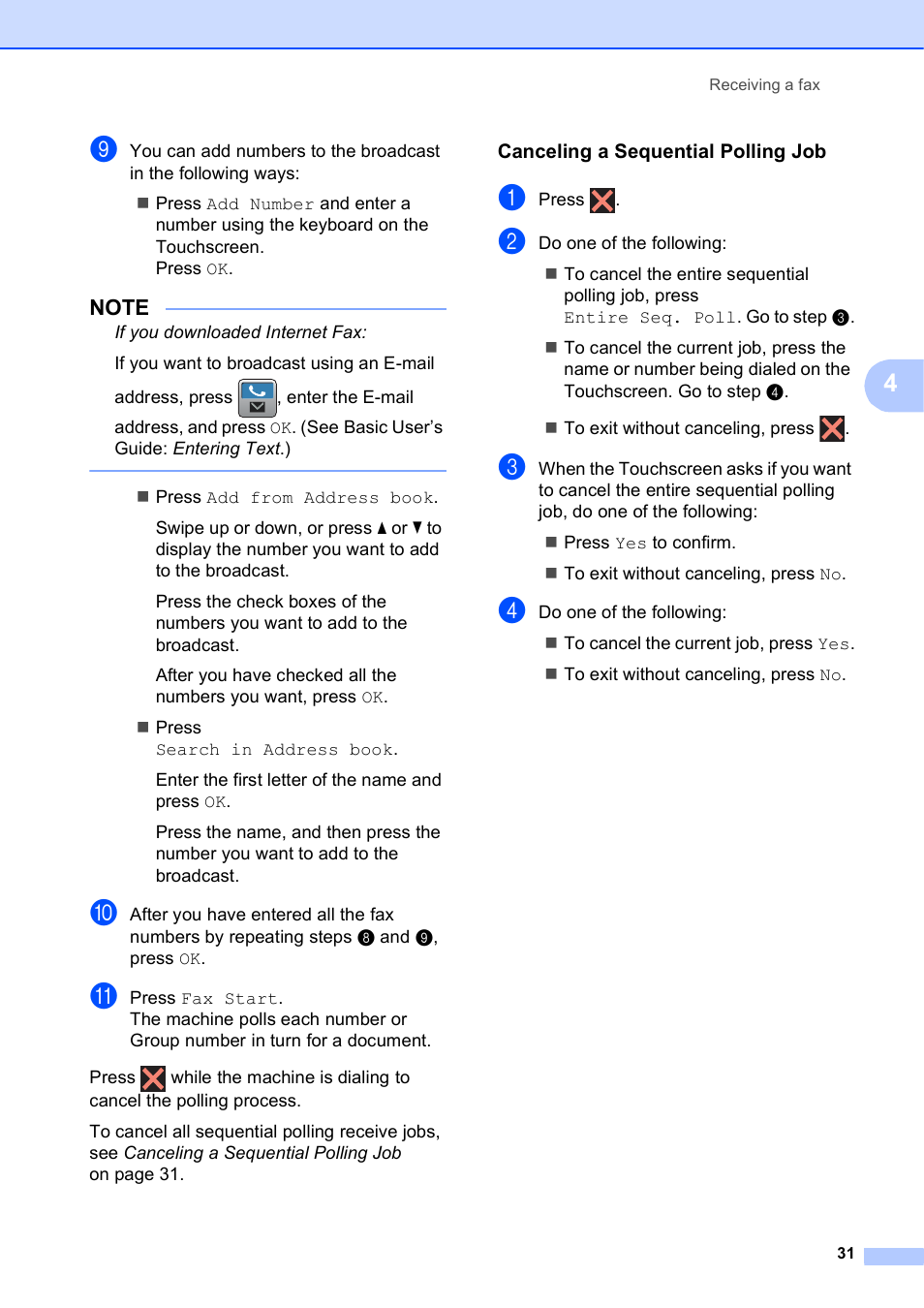 Canceling a sequential polling job | Brother MFC-J6920DW User Manual | Page 37 / 101