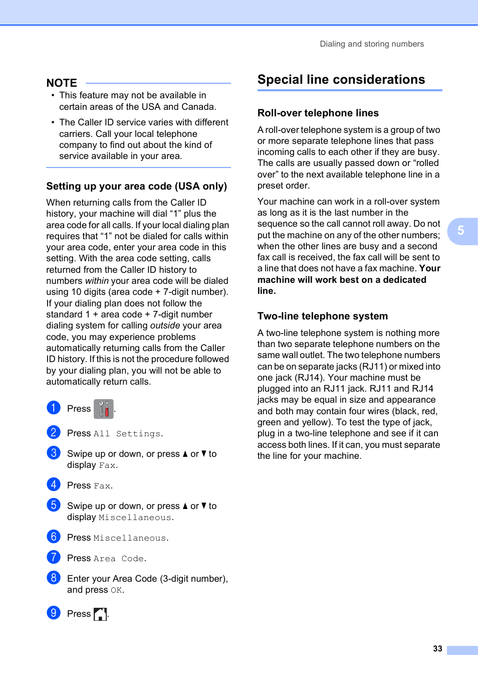 Setting up your area code (usa only), Special line considerations, Roll-over telephone lines | Two-line telephone system | Brother MFC-J6920DW User Manual | Page 39 / 101