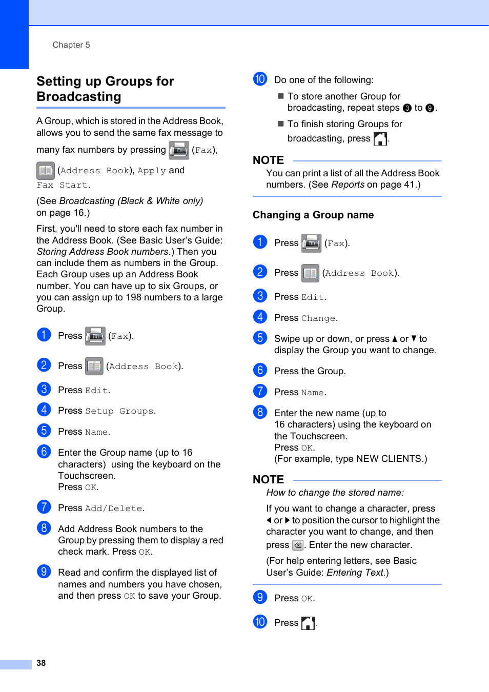 Setting up groups for broadcasting, Changing a group name | Brother MFC-J6920DW User Manual | Page 44 / 101