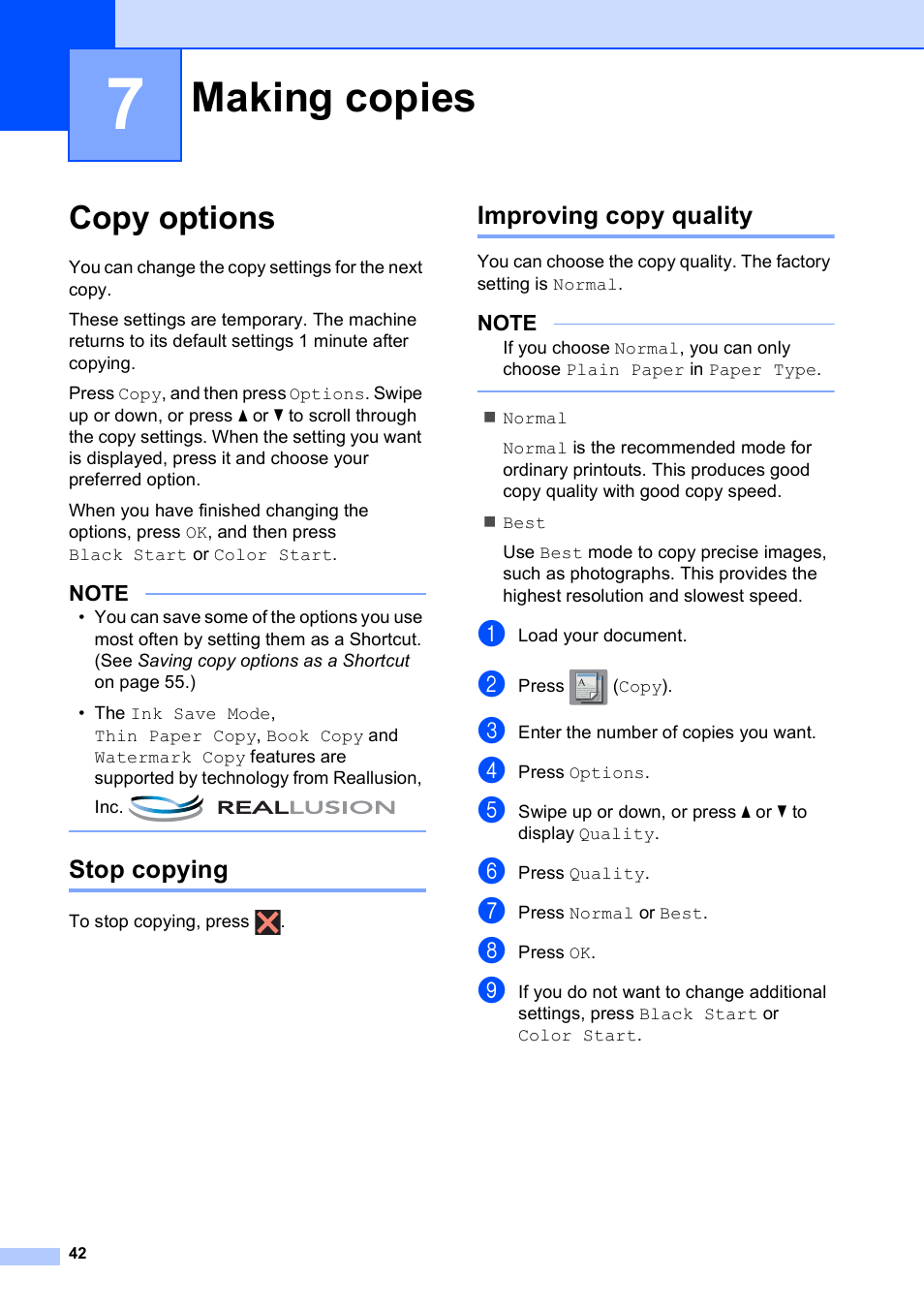 7 making copies, Copy options, Stop copying | Improving copy quality, Making copies, Stop copying improving copy quality | Brother MFC-J6920DW User Manual | Page 48 / 101