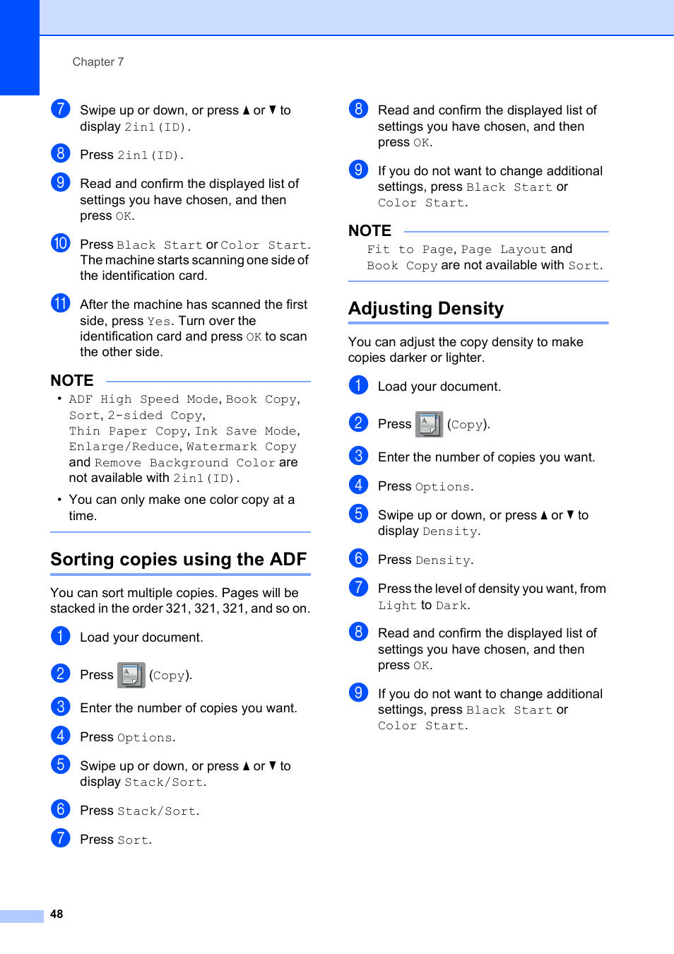 Sorting copies using the adf, Adjusting density, Sorting copies using the adf adjusting density | Brother MFC-J6920DW User Manual | Page 54 / 101