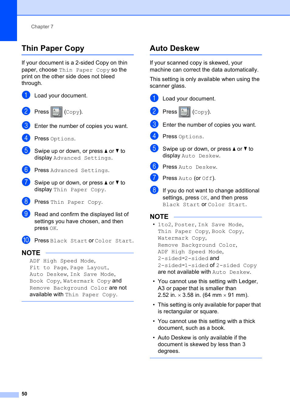 Thin paper copy, Auto deskew, Thin paper copy auto deskew | Brother MFC-J6920DW User Manual | Page 56 / 101