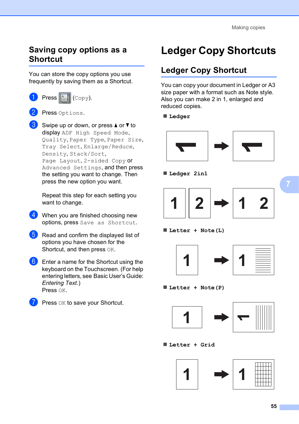 Saving copy options as a shortcut, Ledger copy shortcuts, Ledger copy shortcut | Brother MFC-J6920DW User Manual | Page 61 / 101