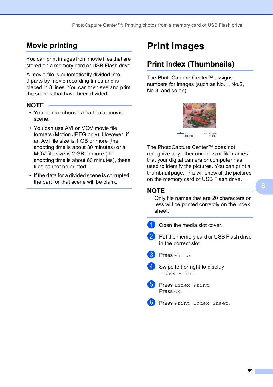 Movie printing, Print images, Print index (thumbnails) | 8movie printing | Brother MFC-J6920DW User Manual | Page 65 / 101