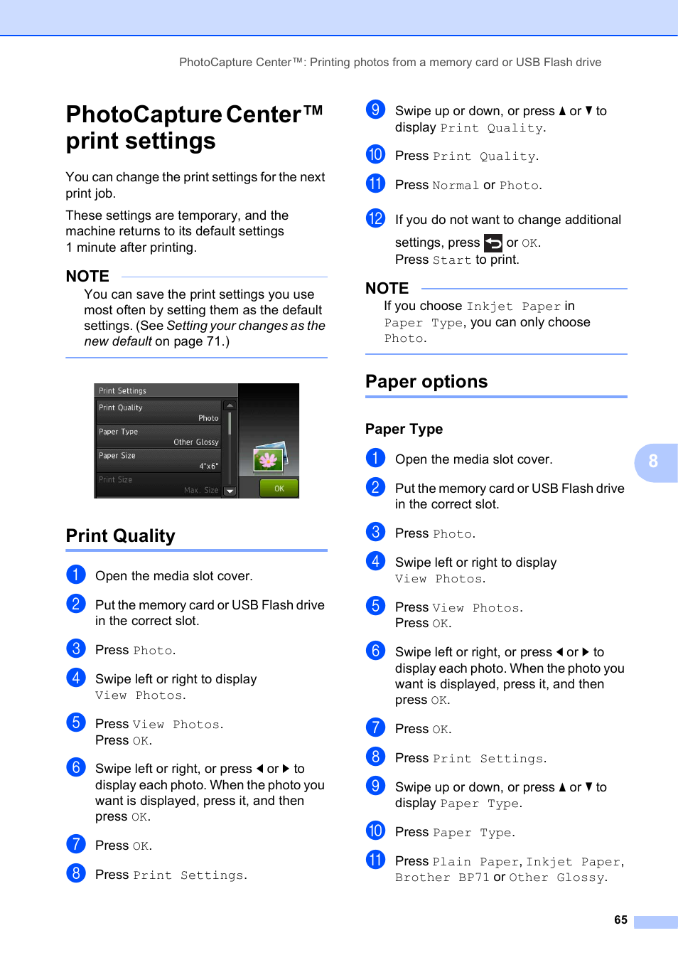 Photocapture center™ print settings, Print quality, Paper options | Paper type, Print quality paper options | Brother MFC-J6920DW User Manual | Page 71 / 101