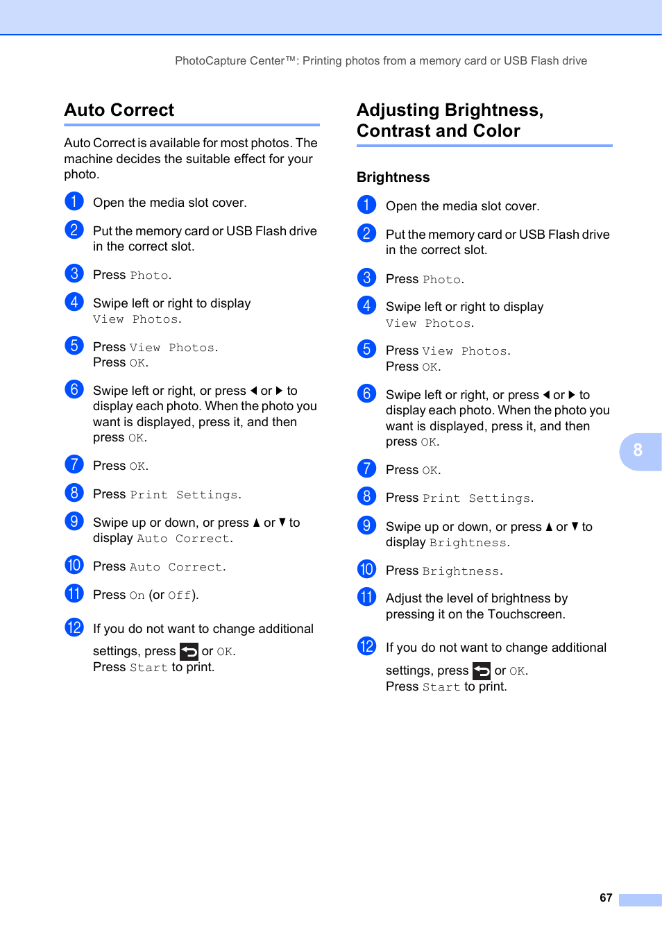 Auto correct, Adjusting brightness, contrast and color, Brightness | Brother MFC-J6920DW User Manual | Page 73 / 101