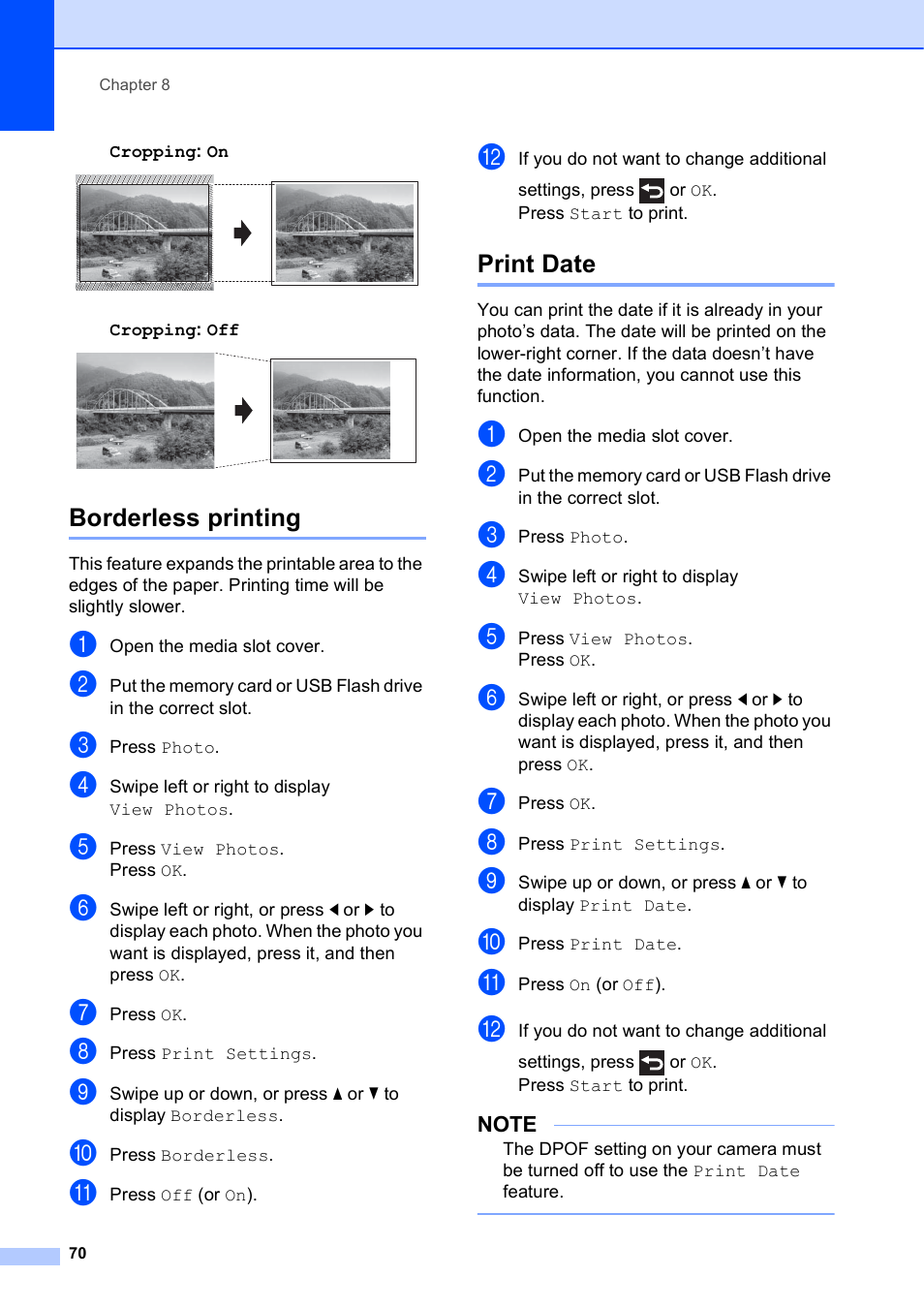 Borderless printing, Print date, Borderless printing print date | Brother MFC-J6920DW User Manual | Page 76 / 101