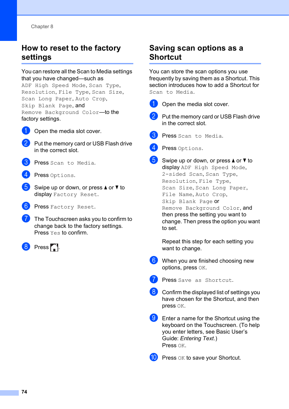 How to reset to the factory settings, Saving scan options as a shortcut | Brother MFC-J6920DW User Manual | Page 80 / 101