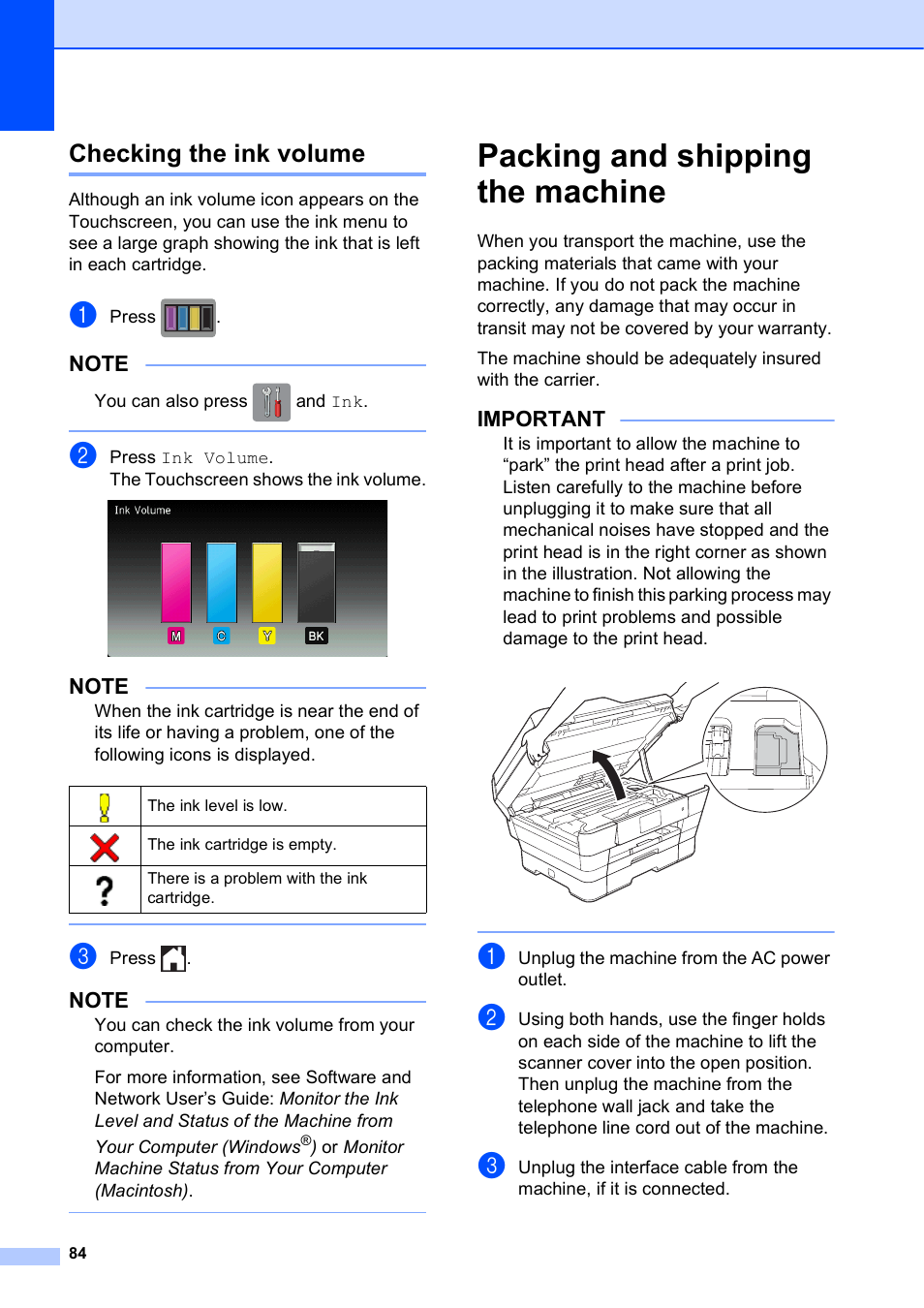 Checking the ink volume, Packing and shipping the machine, Important | Brother MFC-J6920DW User Manual | Page 90 / 101