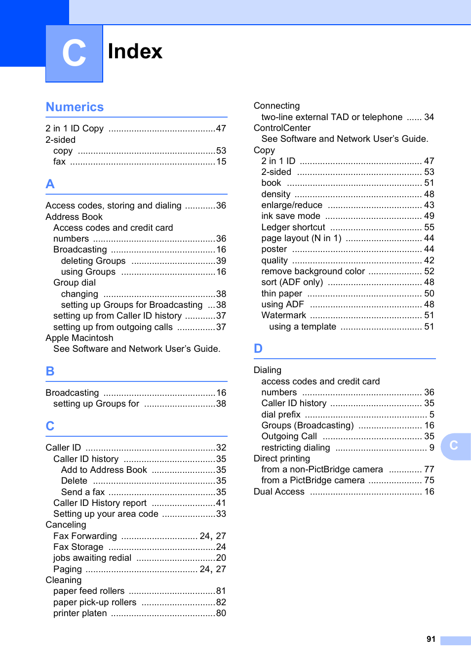 Index, Cnumerics | Brother MFC-J6920DW User Manual | Page 97 / 101