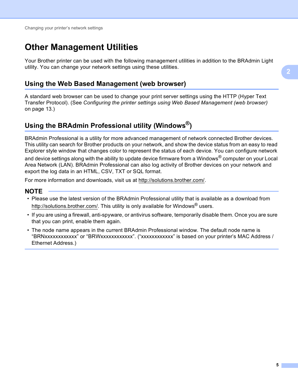 Other management utilities, Using the web based management (web browser), Using the bradmin professional utility (windows®) | Using the bradmin professional utility (windows | Brother TD-4100N User Manual | Page 10 / 40