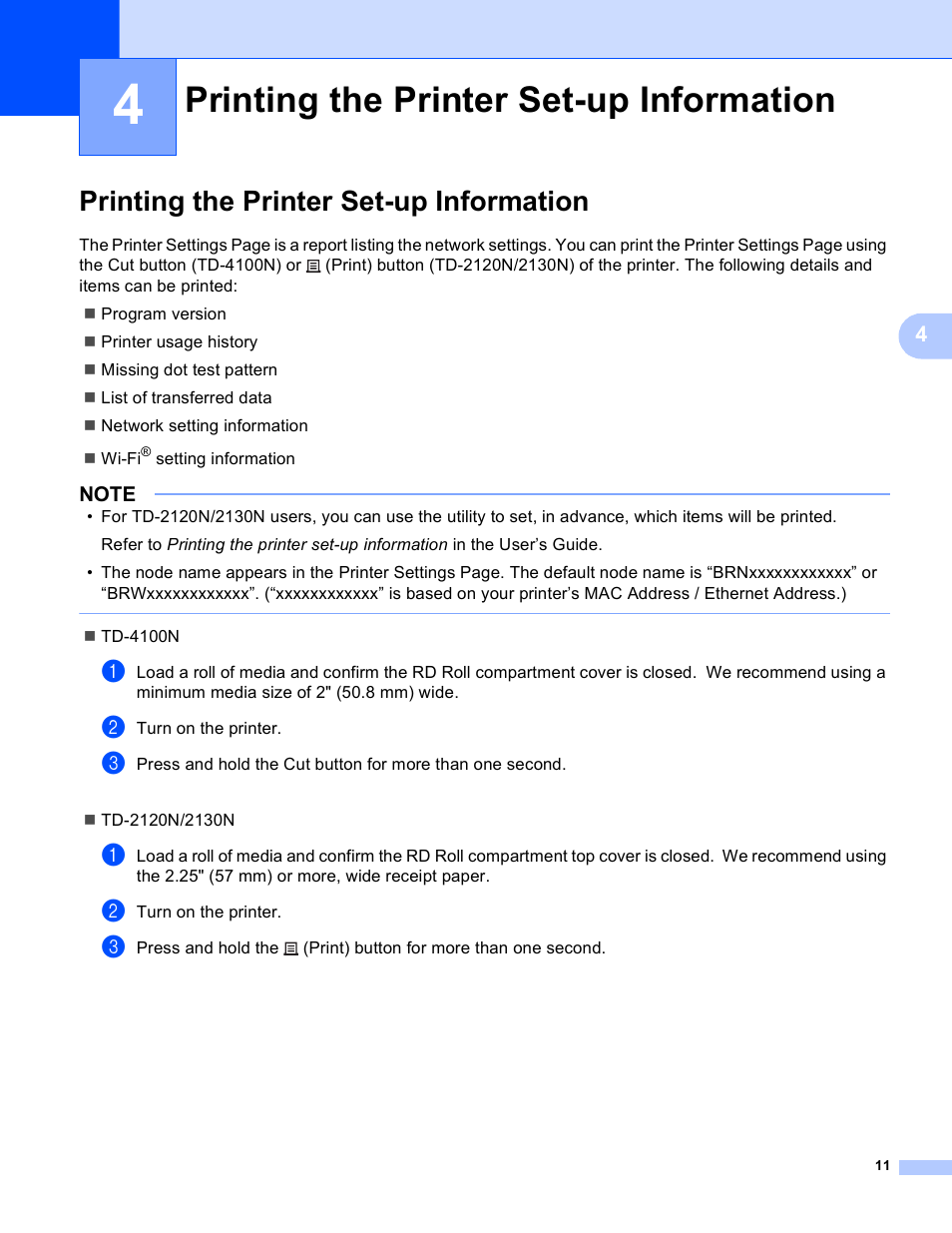 4 printing the printer set-up information, Printing the printer set-up information | Brother TD-4100N User Manual | Page 16 / 40