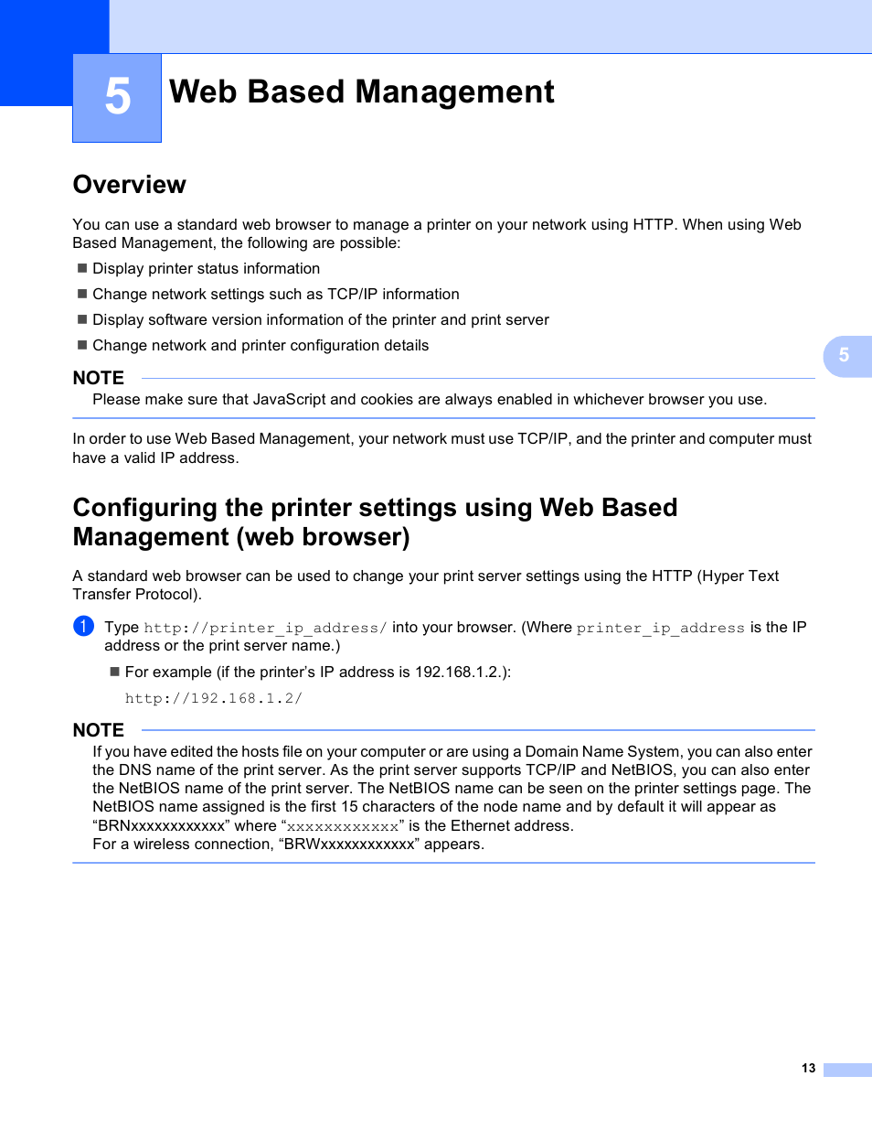 5 web based management, Overview, Web based management | Brother TD-4100N User Manual | Page 18 / 40