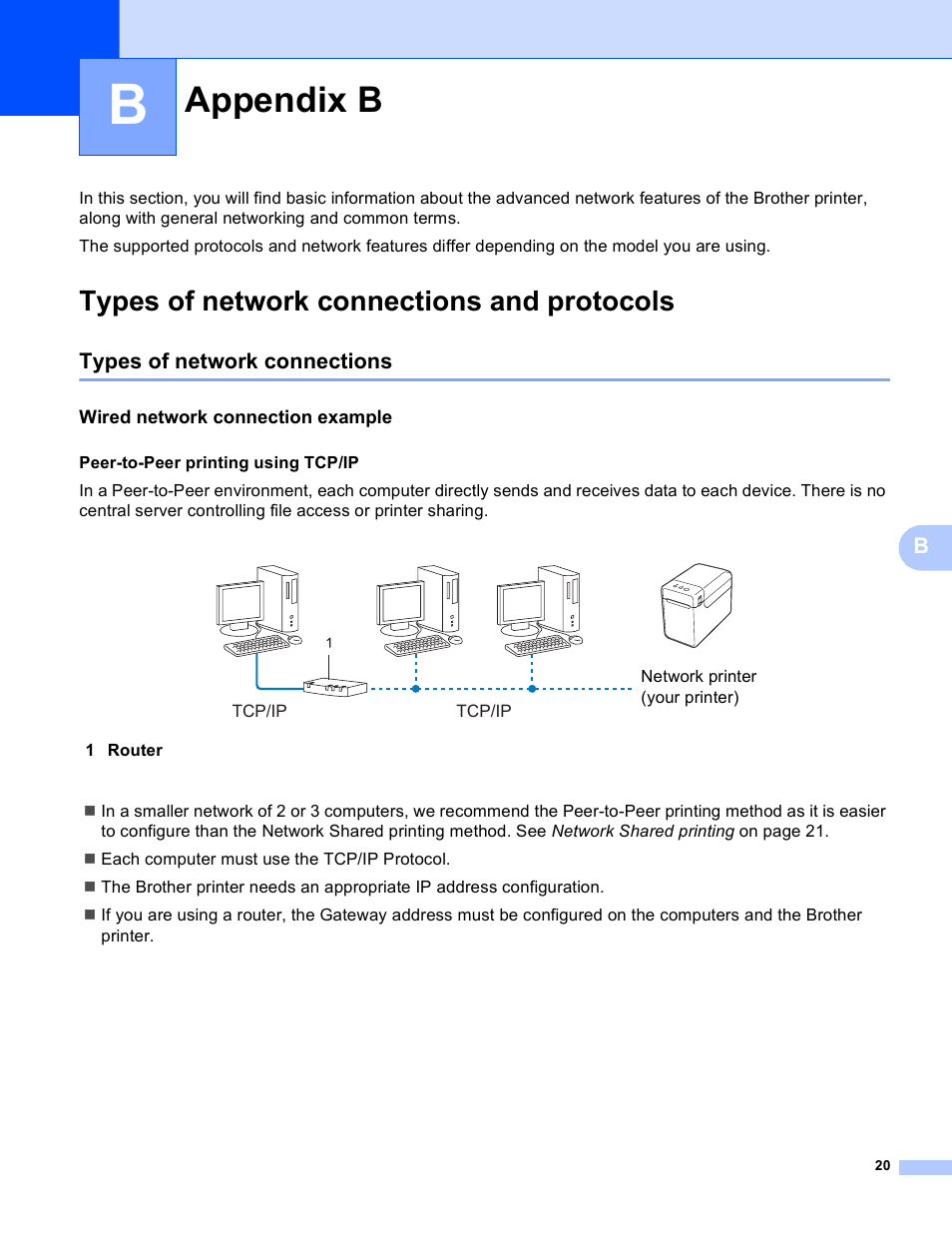 Appendix b, Types of network connections and protocols, Types of network connections | Wired network connection example | Brother TD-4100N User Manual | Page 25 / 40