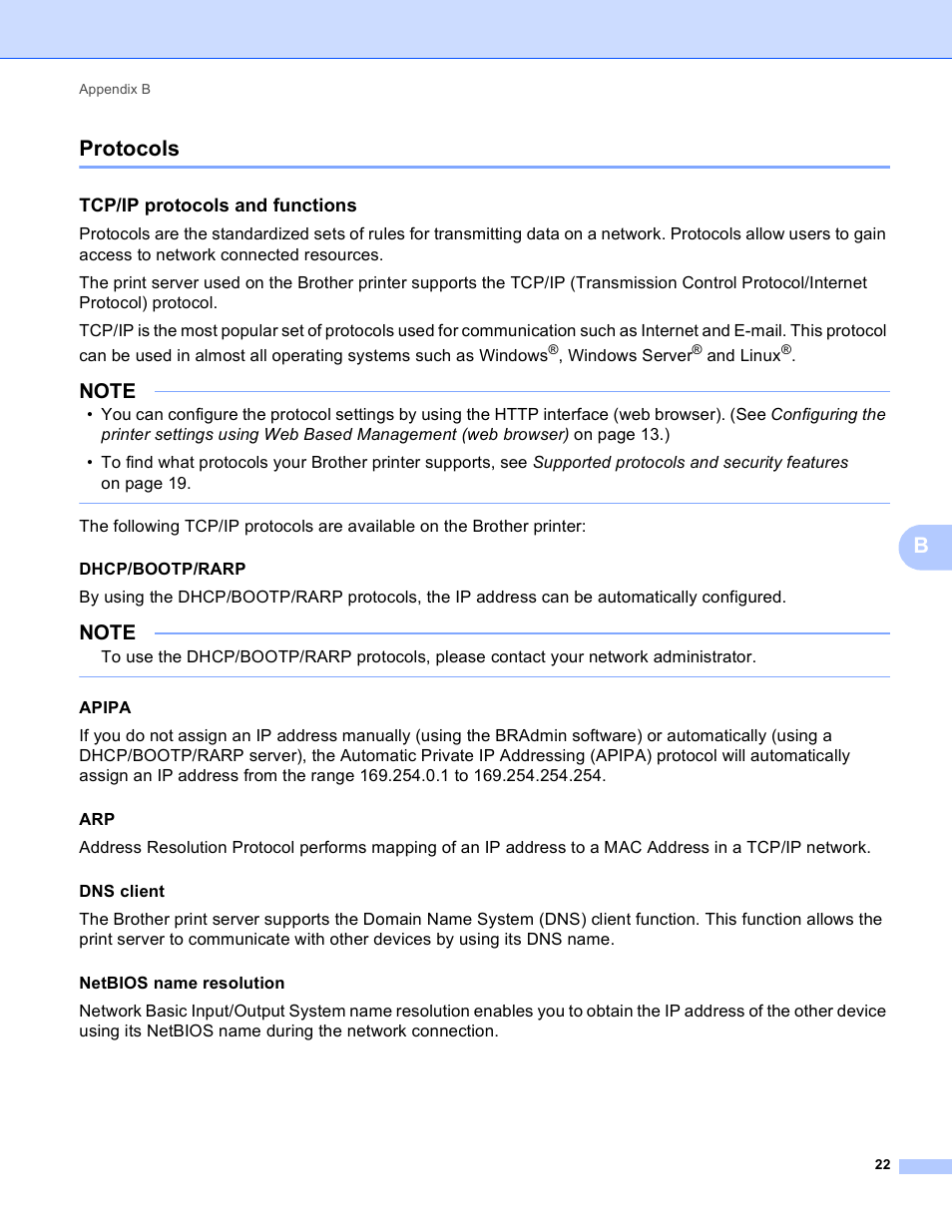 Protocols, Tcp/ip protocols and functions, Bprotocols | Brother TD-4100N User Manual | Page 27 / 40