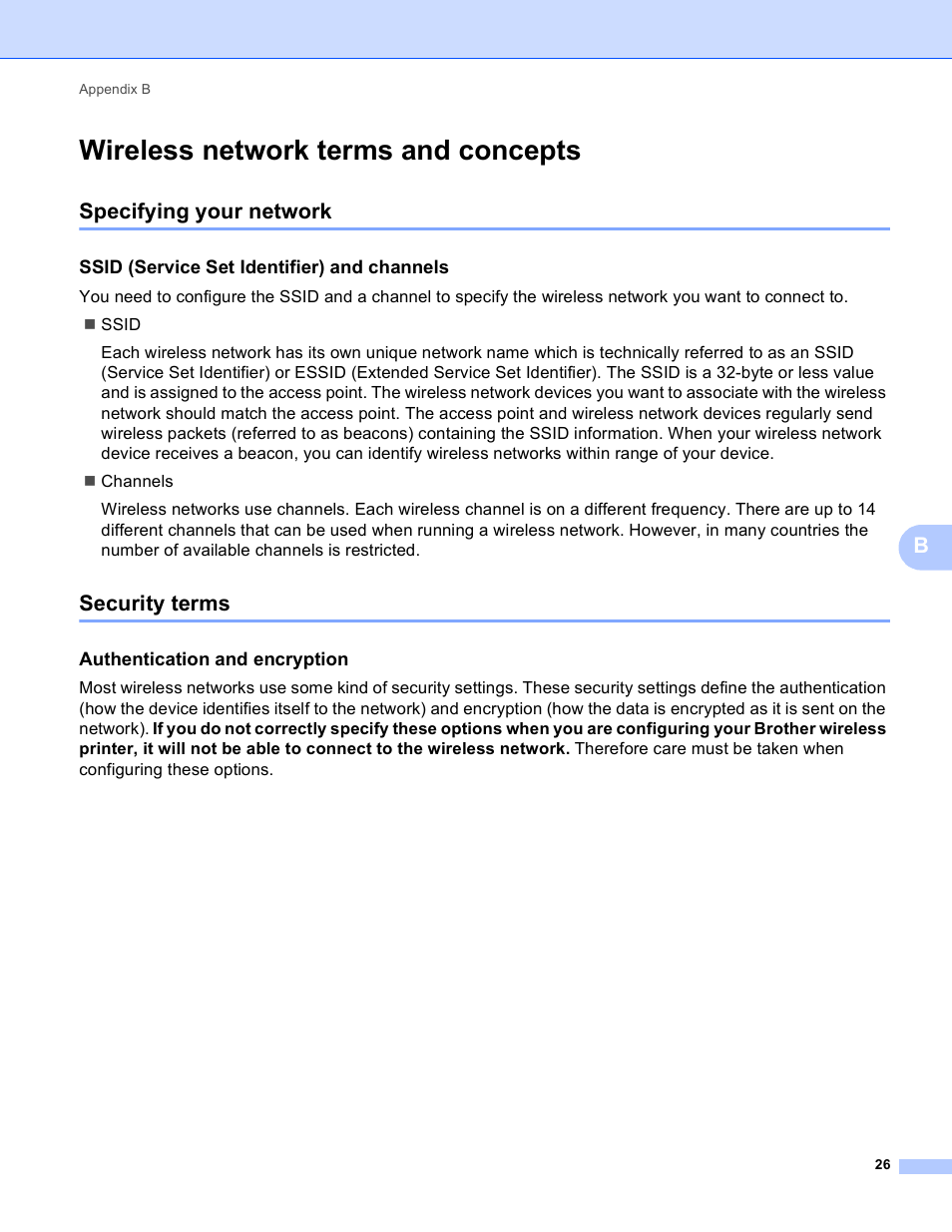 Wireless network terms and concepts, Specifying your network, Ssid (service set identifier) and channels | Security terms, Authentication and encryption, Specifying your network security terms | Brother TD-4100N User Manual | Page 31 / 40