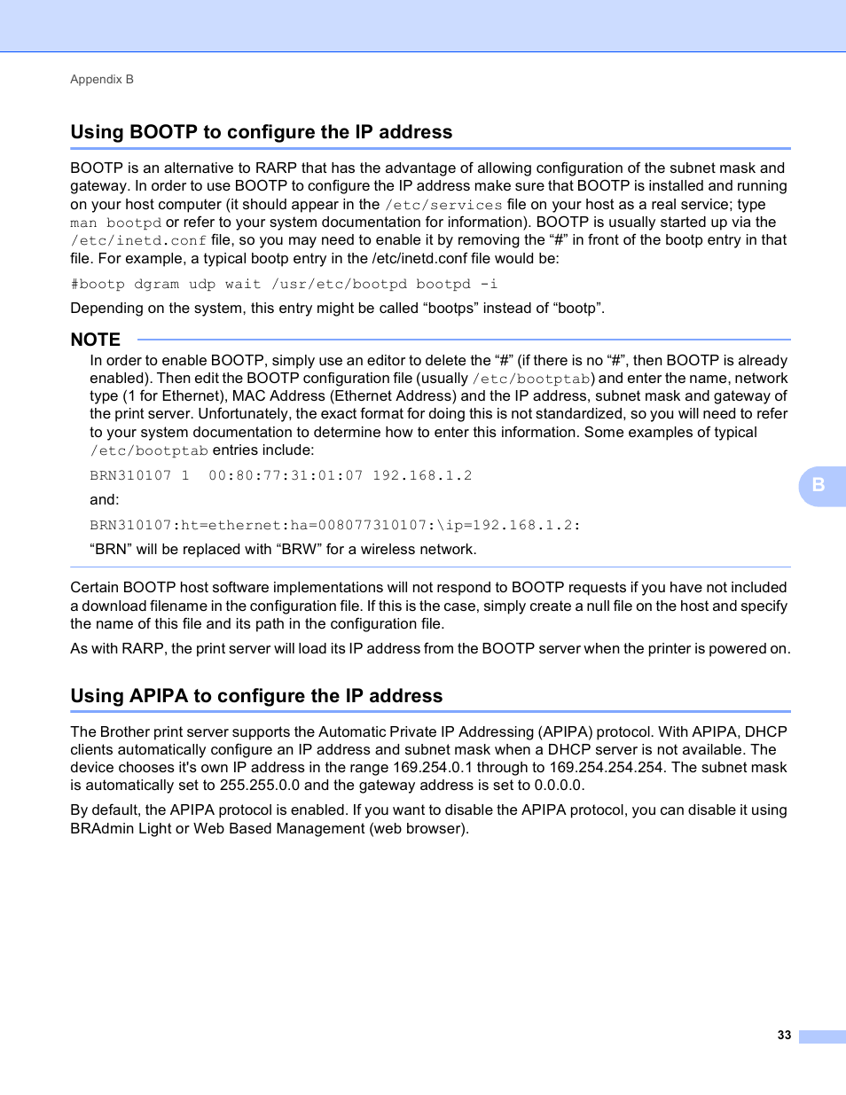 Using bootp to configure the ip address, Using apipa to configure the ip address, Busing bootp to configure the ip address | Brother TD-4100N User Manual | Page 38 / 40