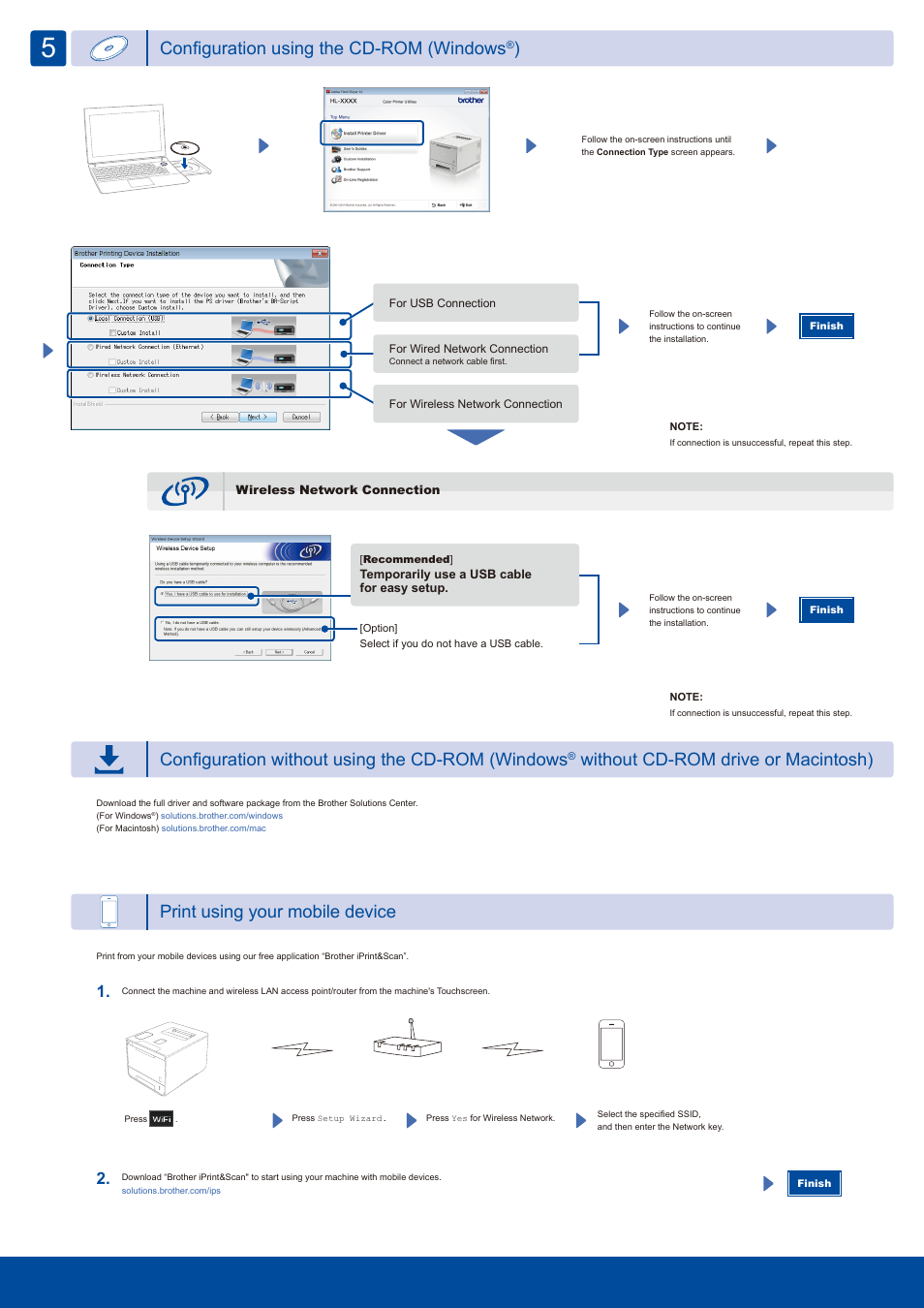 Configuration using the cd-rom (windows, Configuration without using the cd-rom (windows, Without cd-rom drive or macintosh) | Print using your mobile device | Brother HL-L9200CDWT User Manual | Page 2 / 2