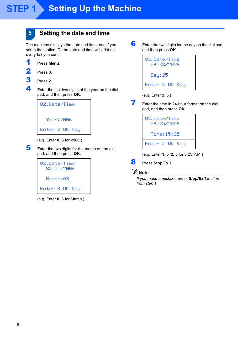 5 setting the date and time, Setting the date and time, Step 1 | Setting up the machine, 5setting the date and time | Brother MFC-8870DW User Manual | Page 10 / 60