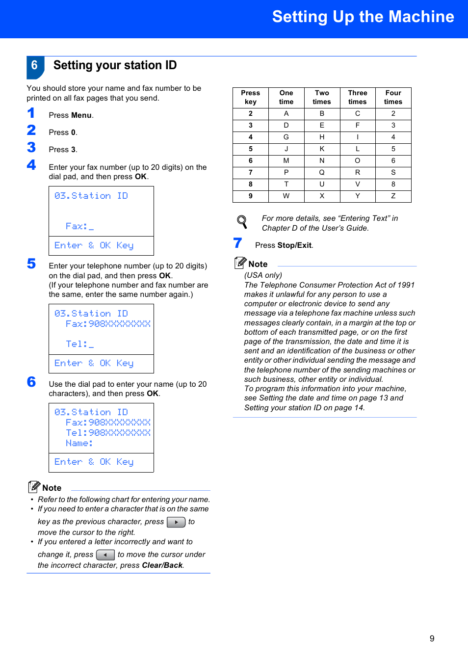 6 setting your station id, Setting your station id, Setting up the machine | 6setting your station id, Station id fax:_ enter & ok key | Brother MFC-8870DW User Manual | Page 11 / 60