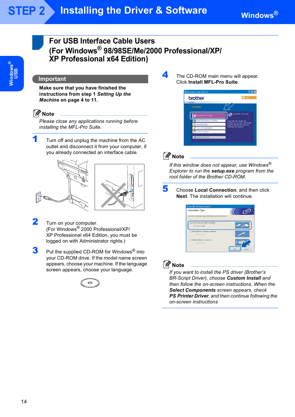 Windows, Step 2, Installing the driver & software | For usb interface cable users (for windows, For usb interface cable users, For windows | Brother MFC-8870DW User Manual | Page 16 / 60