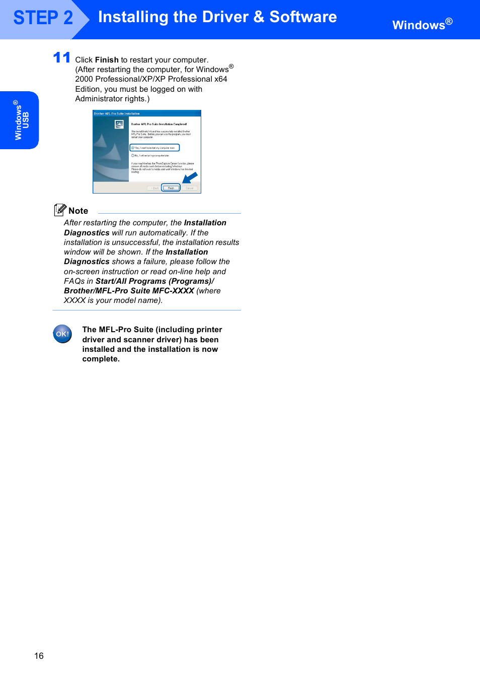 Step 2, Installing the driver & software, Windows | Brother MFC-8870DW User Manual | Page 18 / 60